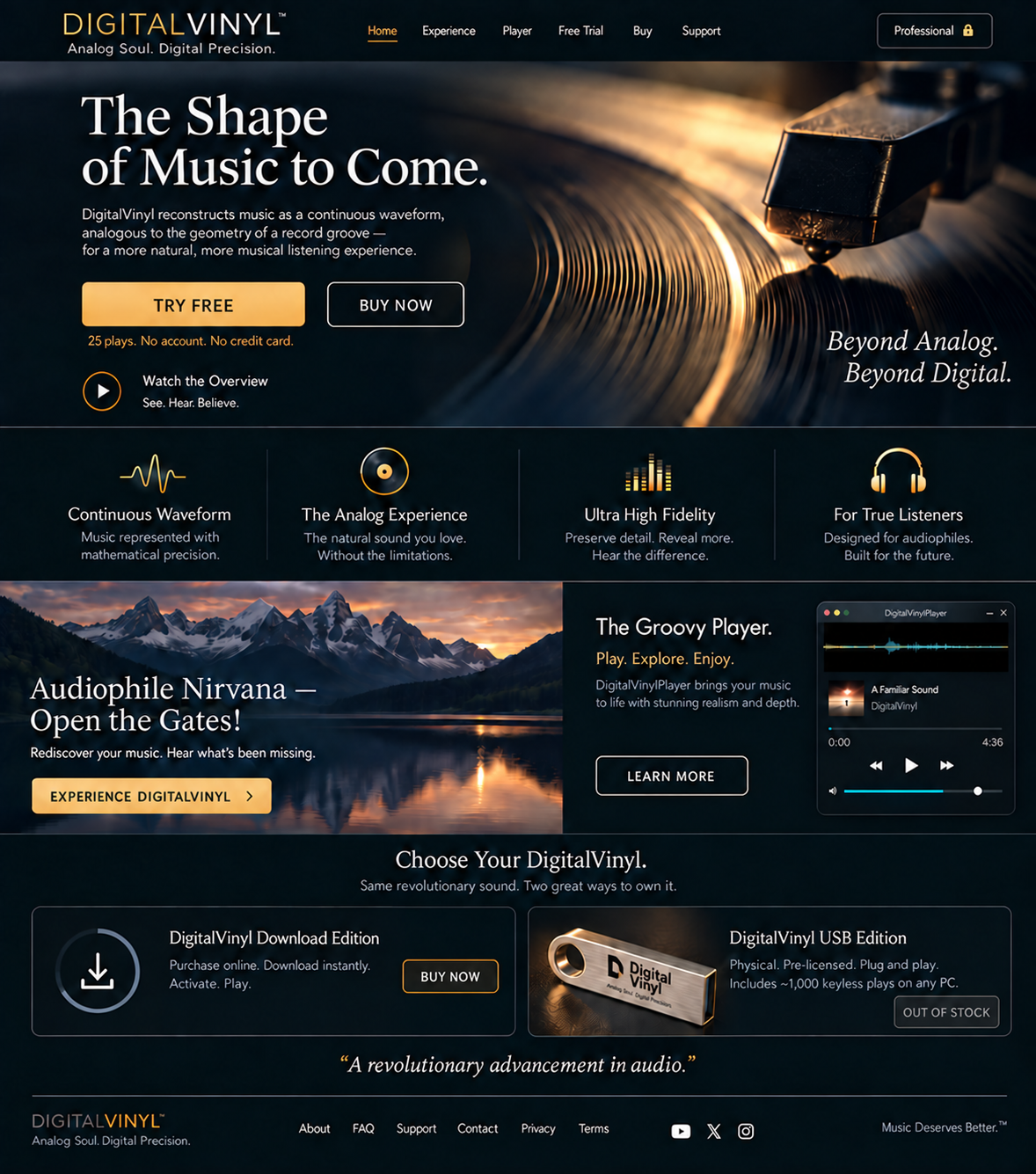 DigitalVinyl storefront featuring the free 25-play trial, the Download Edition, and an out-of-stock USB Edition.